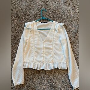 White Polka Dot Blouse with Ruffle Details